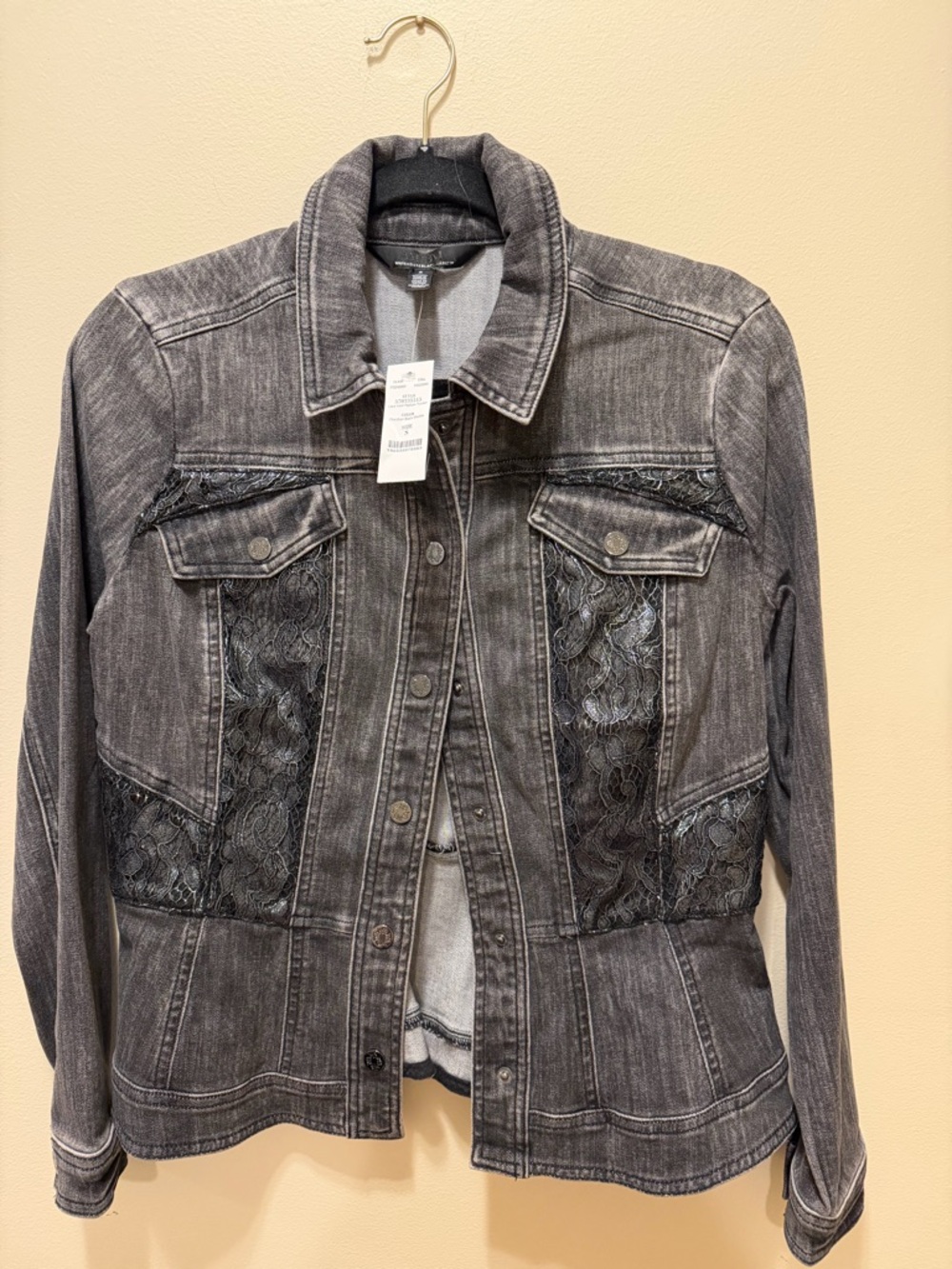 White House Black Market Washed Black Lace-Panel Jean Jacket